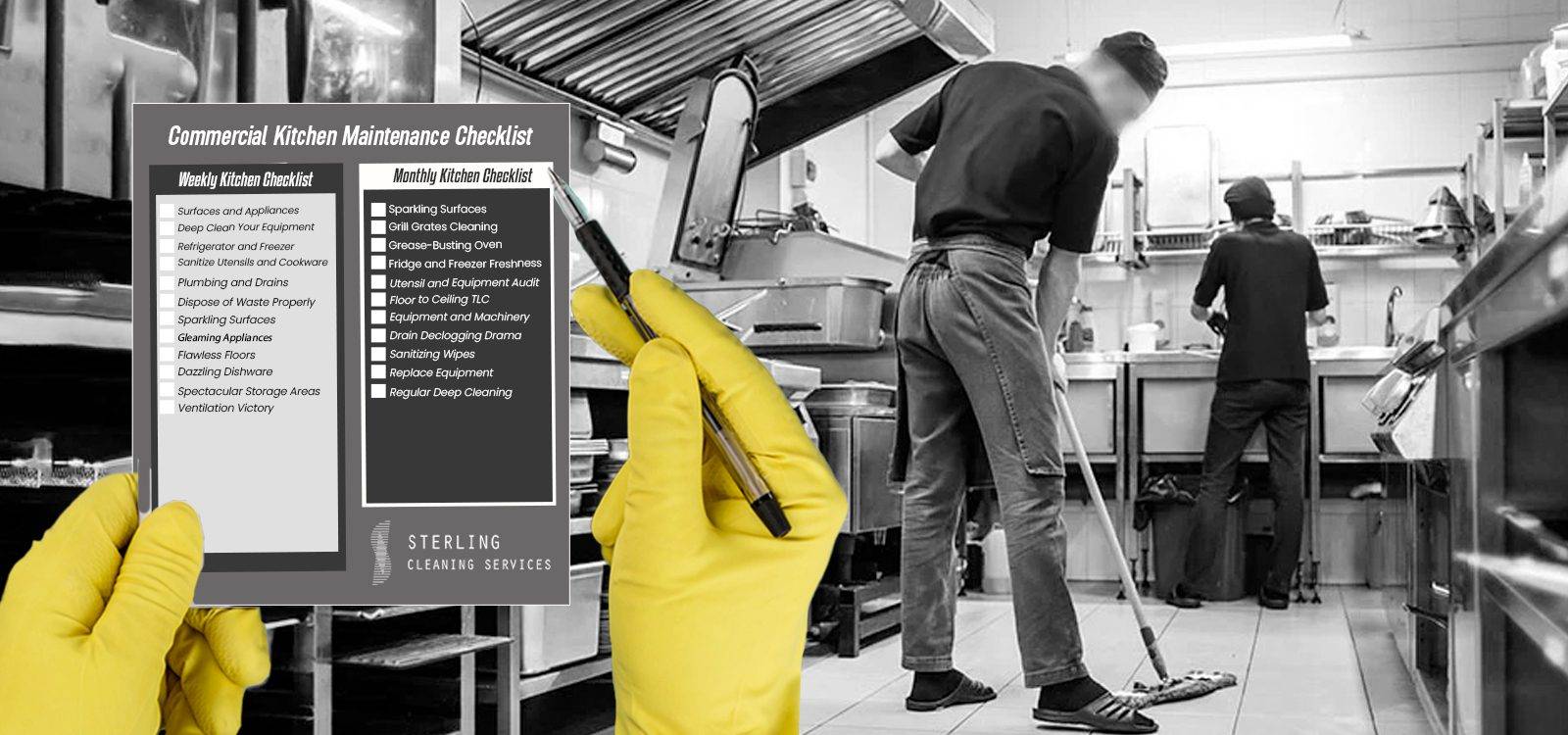 A person holding a commercial kitchen maintenance checklist while workers clean, emphasizing the importance of deep cleaning commercial kitchens.